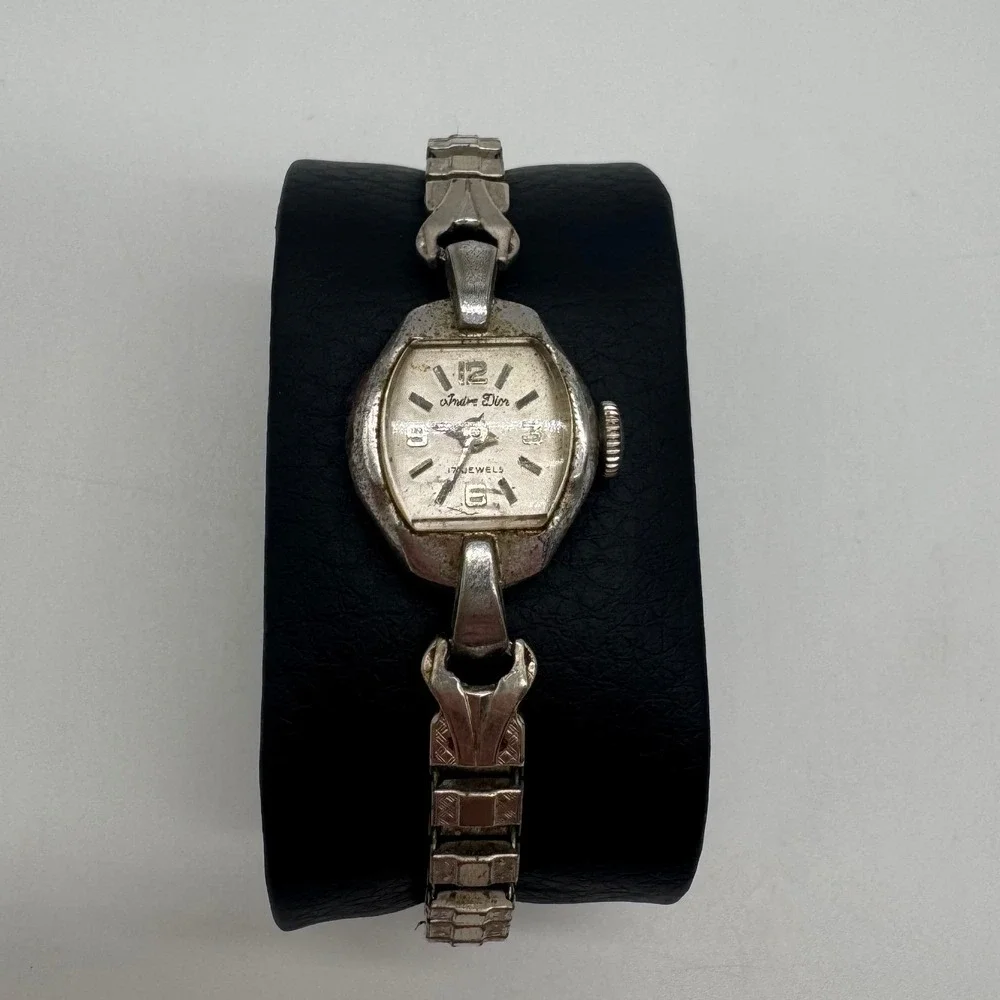 Vintage Andre Dior 17 Jewels Manual Wind Watch Silver Tone For Parts Repair